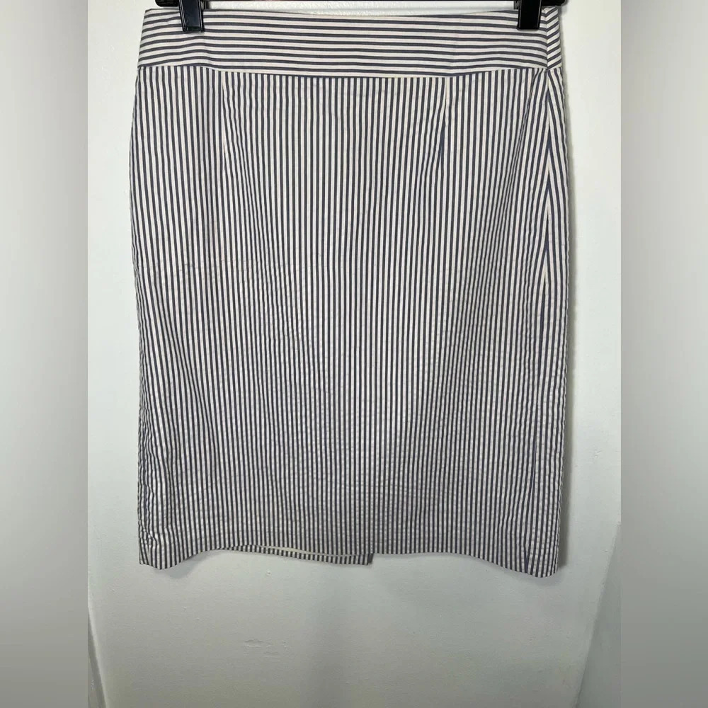 Banana Republic, 10, blue/white, stripe, seersucker, pencil skirt midi‎ rear zip